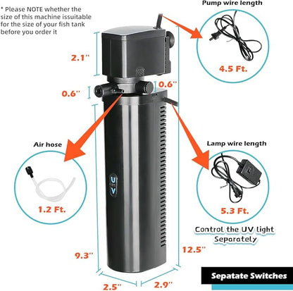 Aquarium Filter for 75-200 Gallon Tank, U-V Fish Tank Green Clean Machine Submersible Powerful Pump Canister Filter 300GPH for Pond Turtle Tank Saltwater Freshwater Crystal Clear Green Killing