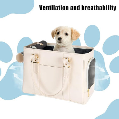 Fashion Pet Carrier Dog Purse Cat Bag Soft-Sided Carriers Travel Airline Approved, Stylish Leather Tote Handbag for Small Animal Puppy Kitten (White)