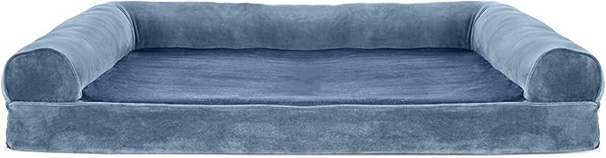 Furhaven Orthopedic Dog Bed for Large Dogs w/ Removable Bolsters & Washable Cover, For Dogs Up to 95 lbs - Faux Fur & Velvet Sofa - Harbor Blue, Jumbo/XL