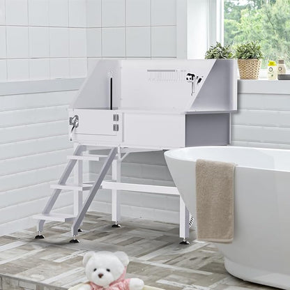38" Dog Washing Station, Professional Stainless Steel Dog Bathing Station Dog Bathtub for Large & Medium Dog, Height Adjustable Dog Grooming Tub with Storage Basket, Movable Stair (Left Stair)
