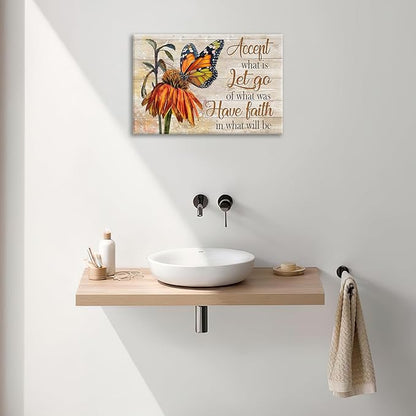 Farmhouse Butterfly Bathroom Pictures Wall Art, Rustic Floral Country Bathroom Wall Decor, Daisy Inspirational Framed Painting Canvas Artwork for Bedroom Living Room Decorations 24"L x 16"W