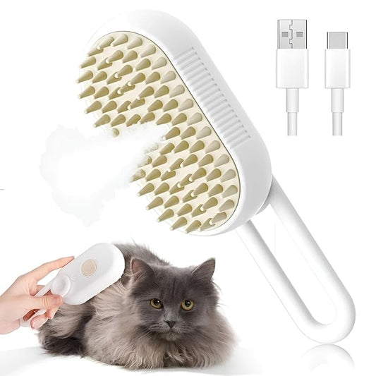 4-in-1 Cat Steam Brush for shedding – Self-Cleaning Comb for Long and Short Hair Cats and Dogs, Steam Pet Brush for Hair Removal, Vibrating Message, Grooming & Relaxation (White)