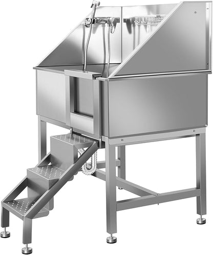 38" Dog Bathing Station, Professional Dog Washing Station Stainless Steel Dog Grooming Tub for Home,Equipped with Three Anti-Slip Steps, Removable Door, Pet Wash Station for Pet,R-RAMP