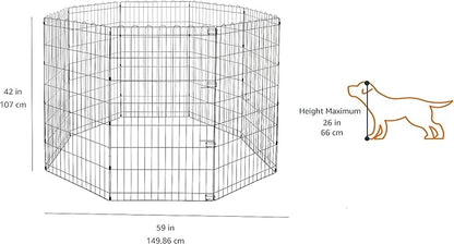Amazon Basics Foldable Octagonal Metal Exercise Dog Playpen - Indoor/Outdoor, No Door, Large (8 Panels, 24 x 42), Easy to assemble, store, and customize, 42" - Large, Black