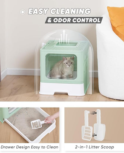 Enclosed Cat Litter Box, Large Litter Box for Big Cats, Covered Kitty Litter Boxes with Lid, Top Entry Cat Box Enclosure with Scoop, Odor Control, Easy to Clean(Green)