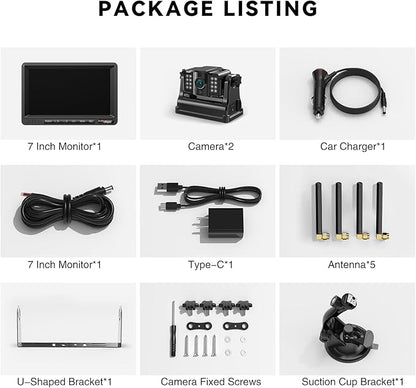 eRapta Magnetic Wireless Backup Camera Kit with HD1080P 7” DVR Monitor, Dual RV/Trailer/Truck/Tractor Cameras Wireless System, No Wiring, 9600mAh Rechargeable Battery, IR Night Vision-ACT702