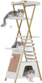FourFurPets 72.4" Cat Tree, Modern Cat Tower for Indoor Cats, Multi-Level Cat Condo with Caves, Tall Cat Tree with Cat Scratching Board, Wooden Cat Tower with Large Perch, Removable Pads, White