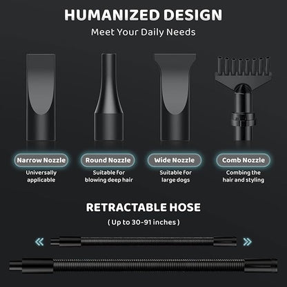 Dog-Hair-Dryer, 5.2HP/ 3800W High Velocity Pet Blow Dryer with Heater for Grooming, Speed Temperature Adjustable Dog Blower Grooming Dryer with 4 Nozzles