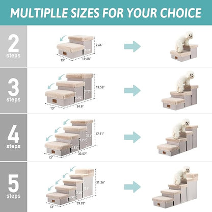 Dog Stair for Small Dogs with Storage, 21" H Foldable Pet Step with Soft Cover, Older Cat Ramp for High Bed or Car, Lightweight, Comfort, 39.7x13x21.2 inch, 5 Tiers, Beige