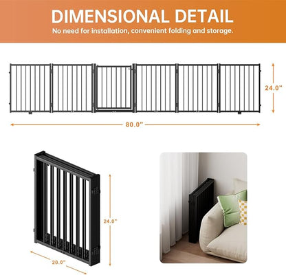 Full Metal Freestanding Dog Gate with Door, 24'' Height Foldable Pet Dog Fence for Indoor & Outdoor, 6 Panels Extra Wide Free Standing SmallDog Gates for Doorways,House,Stairs,Porch,Deck,Yard