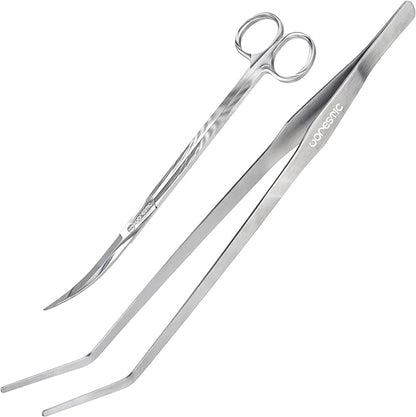 2PCS 15" Curved Aquarium Tweezers Long and 9.8" Aquarium Scissors, Feeding Tongs and Scissors with Protective Cap, Stainless Steel Aquascaping Tools for Plant Trimming and Reptile Feeding