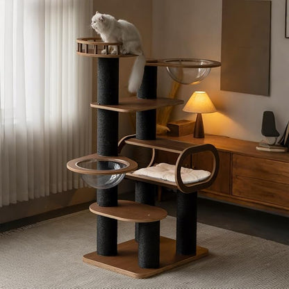 63'' Modern Cat Tree, Black Cat Tower with Scratching Post, Wooden Cat Tree for Indoor Cats Large Adult, Luxury Cat Furniture, Heavy Duty Activity Center with Transparent Bowl and Semi-Closed Condo