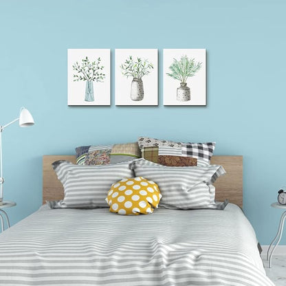 AHUASJART Canvas Wall Art - Paintings for Kitchen, Dining Room, Family Wall Decor - Green Leaf Vase, 3 Piece