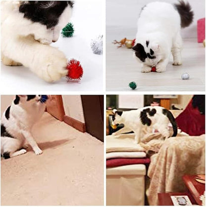 30Pcs 1.2inch/3cm Sparkle Balls for Cats - Interactive Toy Pom Pom Fuzzy Tinsel Cat Balls for Indoor Play (Mixed Colour)