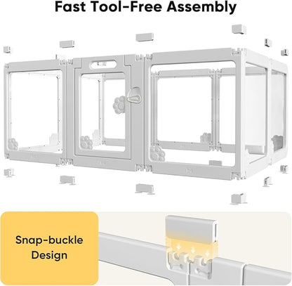 Acrylic Clear Dog Play Pen Indoors, Puppy Playpen with Door for Small Dogs Puppies, Transparent Plastic Pet Playpen Cage Fence Crate Kennel for Cat Kitten Rabbit Bunny Ferret etc (White-10 Panels)