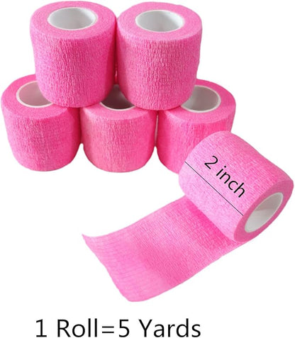 6 Pack 2" x 5 Yards Self Adhesive Bandage Wrap Breathable Cohesive Vet Wrap for Pets, Elastic Self-Adherent Tape for Sports, Wrist, Ankle (Pink)