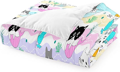 Cat Twin Bedding Set 2Pcs - Cartoon Mermaid Tail Cat Twin Comforter Set for Girls Bedroom Ultra Soft Warm Kitty Comforter Set for Girls Room Decor with 1 Cat Comforter and 1 Pillowcase, Twin Size