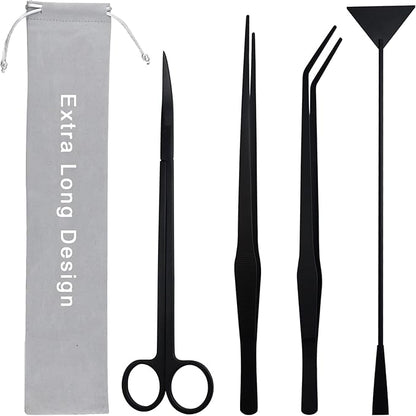 Aquarium Aquascape Tools Kit, Long 15 Inch Stainless Steel Aquatic Plants Tools, 4 in 1 Anti-Rust Black Aquascaping Tweezers Scissors Spatula Scrapers Tool Set for Fish Tank Cleaning Plant Trimming