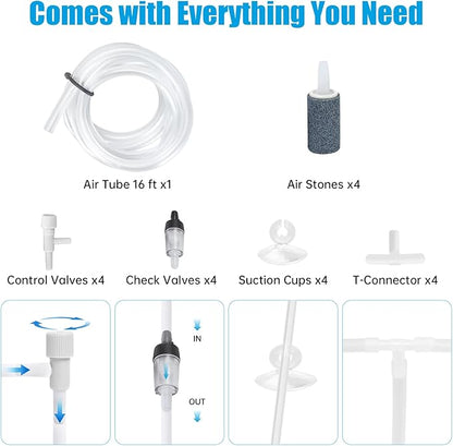 AQUANEAT Aquarium Air Pump 300GPH, for up to 200 Gallon Fish Tank, Powerful Hydroponic Aerator Pump with Tubing, Air Stones, Valves