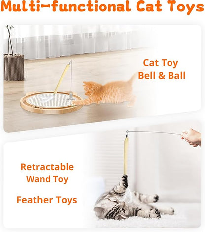 3-in-1 Cat Toys, Scratcher, Toys for Indoor Cats, Natural Sisal Scratching Board, Kitten Interactive with Ball Track & Retractable Wand Toy & Feather