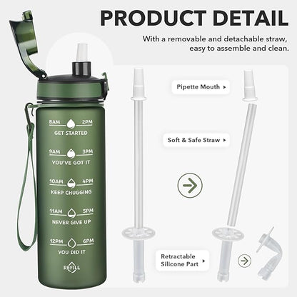 Enerbone Water Bottle, Leakproof BPA & Toxic Free, Motivational Water Bottle with Times to Drink and Straw, Fitness Sports Water Bottle with Strap for Office, Gym, Outdoor Sports