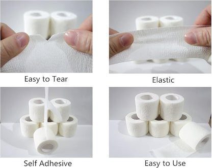 6 Pack 2" x 5 Yards Self Adhesive Bandage Wrap Breathable Cohesive Vet Wrap for Pets, Elastic Self-Adherent Tape for Sports, Wrist, Ankle (White)