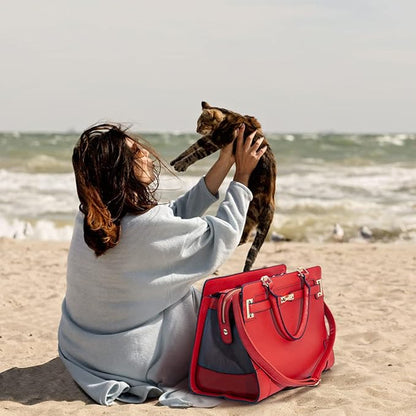 Fashion Pet Carrier Dog Cat Carrier Purse Soft-Sided Leather Handbag Pet Tote Bag for Small Dogs Puppy and Cats TSA Airline Approved (Red)