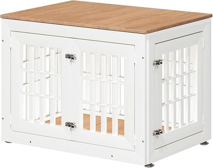 32" Heavy Duty Dog Crate Furniture for Small,Medium and Large Dogs,Rustic Wooden Dog Cage Kennel Indoor Furniture with Waterproof Top,Decorative Pet House Side End Table (White & Wood)