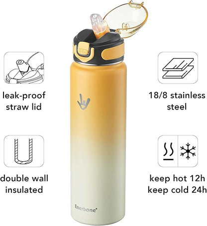Enerbone 32 oz Insulated Water Bottle, Stainless Steel Bottle with Carrying Strap, Double-Wall Vacuum Insulation Design, Leakproof Sports Bottle with Straw, Keep Drinks Cold or Hot for Hours