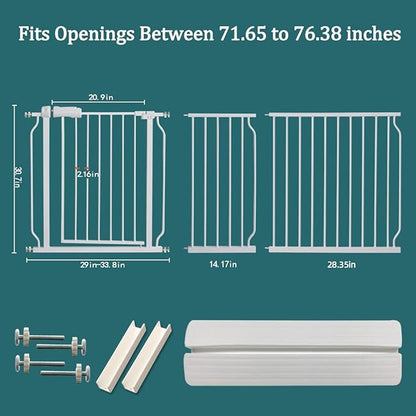 ALLAIBB Extra Wide Pressure Mounted Baby Gate Walk Through Child Kids Safety Toddler Tension White Long Large Pet Dog Gates with Extension for doorways Kitchen and Living Room (71.65-76.38"/182-194cm)