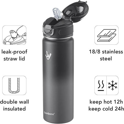 Enerbone 24 oz Insulated Water Bottle, Stainless Steel Bottle with Carrying Strap, Double-Wall Vacuum Insulation Design, Leakproof Sports Bottle with Straw, Keep Drinks Cold or Hot for Hours