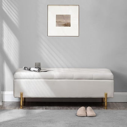 45.6 Inch Velvet Storage Bench Upholstered Tufted Settee Ottoman Bench with Storage, Bed End Bench with Soft Close Lid, for Bedroom, Living Room, Entryway, Rectangular Accent Bench, Beige