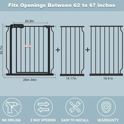 Extra Wide Baby Gate Black 62-67 Inch Wide Pressure Mounted Auto Close Child Safety Gate Long Dog Gate for House Doorways
