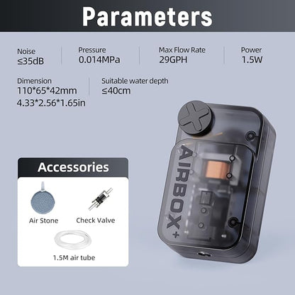 Aquarium Air Pump,Ultra-Quiet/Small Size/More Output Air Pump for Fish Tank 1.5w/29GPH/14Kpa,with Air Stone Bubbler,Adjustable Airflow,Single Outlet Suitable for 20-40 Gallon Fish Tank