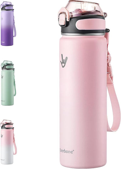 Enerbone 24 oz Insulated Water Bottle, Stainless Steel Bottle with Carrying Strap, Double-Wall Vacuum Insulation Design, Leakproof Sports Bottle with Straw, Keep Drinks Cold or Hot for Hours