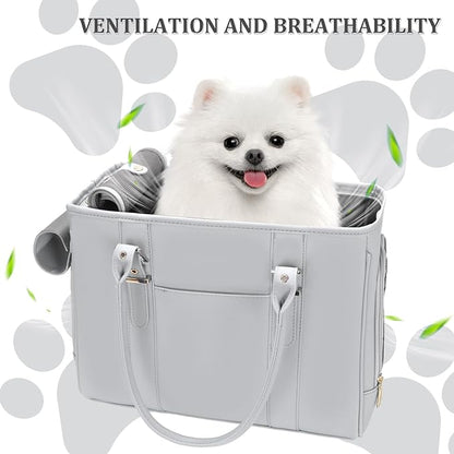 Fashion Pet Carrier Dog Purse Cat Bag Soft-Sided Carriers Travel Airline Approved, Stylish Leather Tote Handbag for Small Animal Puppy Kitten (Grey)