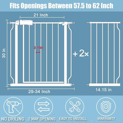 57.5-62 Inch Extra Wide Baby Gates for Stairs Doorways Pressure Mount No Drill Dog Pet Gate Automatic Close Child Safety Gate for Toddler Kids Pets