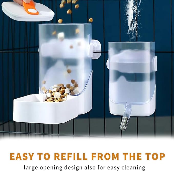 34oz Automatic Rabbit Feeder for Cages, Hanging Auto Bunny Food Bowl Dispenser Small Aniaml Cage Accessories for Ferret Guinea Pig Rat Rabbit Cat Puppy (White)