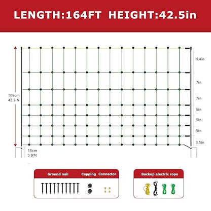 Electric Fence Netting, 164'L x 42.5" H Electric Fence Kit for Livestock, Goat, 14 Posts Double Spiked Portable Electric Poultry Farm Fence