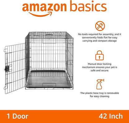 Amazon Basics Durable, Foldable Metal Wire Dog Crate with Tray, Single Door, 42 x 28 x 30 in, Black