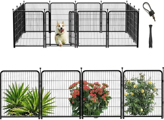 Dog Playpen 48 inch(H) 8 Panels Total 17.7 Ft(L) Dog Fence Outdoor for Yard. Wide Door Low Threshold，Metal Dog Pen Heavy Duty Pet Puppy Exercise Pen for Rv Camping Garden Yard