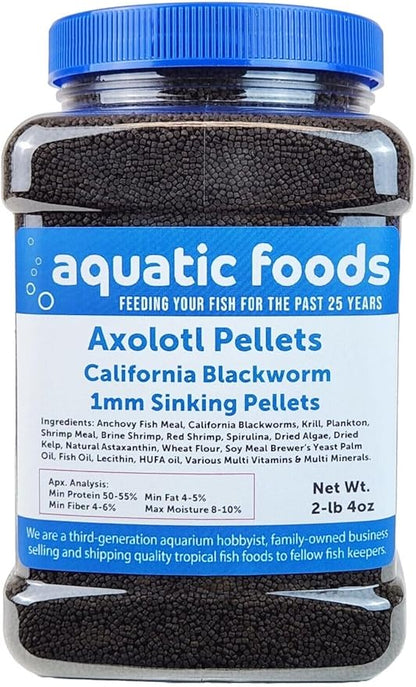 Aquatic Foods Inc. Axolotl Blackworm Pellets. 1mm-1/32 Sinking California Blackworm Micro Pellets for Baby Axolotl, Frogs, Shrimp, Salamanders, Newts, Snails…2-lbs 4oz Jar