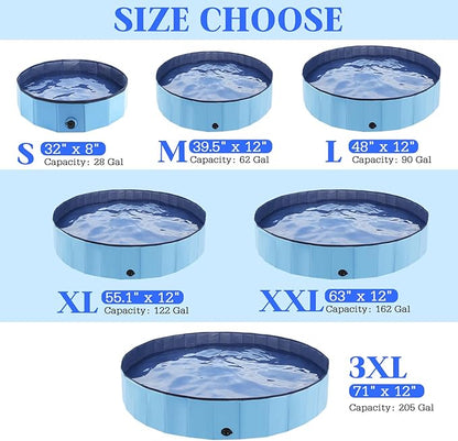 Foldable Dog Bath Swimming Pool Plastic Kiddie Pool Professional Tub Collapsible Grooming Bathtub for Pets Kids Baby and Toddler, 79 x 12 Inches Blue