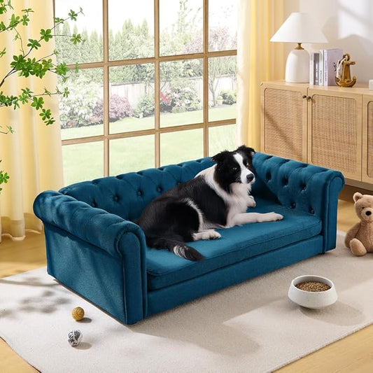 Dog Sofa Couch for Medium to Large Dogs, 55" Memory Foam Pet Sofa Couch with Washable Fabric, Durable Elevated Dog Bed with Legs, Removable Cushion for Medium and Large Dogs, Blue
