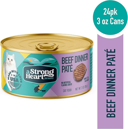 A Strong Heart Canned Wet Cat Food, Beef Dinner Paté - 3 oz Cans (Pack of 24), Made in The USA with Real Beef