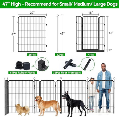 Dog Playpen Outdoor Extra Wide 32 Panels Heavy Duty Dog Fence 47" Height Anti-Rust with Doors Portable for RV Camping Yard, Total 84FT, 561 Sq.ft, Snowy Black