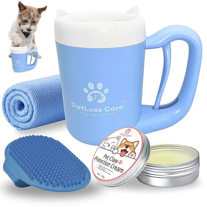 Dog Paw Cleaner for Small & Medium Dogs – Portable Paw Washer Cup with Soft Silicone Brush, Towel & Moisturizing Balm – Gently Cleans Muddy Paws After Walks (Blue, Small)