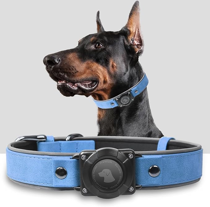 AirTag Dog Collar - Leather Dog Collar with Air Tag Holder | IPX8 Waterproof, Reflective, High - End, Adjustable Soft Padded | Dog GPS Tracker Collars Fit for Medium Large Dogs (Blue, L)