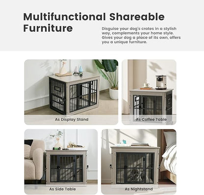Gardner Pet Dog Crate Furniture for Medium Dogs, 32.7 Inch Dog Kennel Indoor, Wooden Dog Cage End Table with 2 Removable Bowls, Heavy Duty Dog Crate, Rustic Grey
