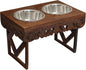 Elevated Pet Feeder for Dogs and Cats - The Bali Carved Wood Pet Feeding Stand with Two Stainless Steel Bowls - Three Heights Adjustable Raised Dog Bowl - Food Water Pet Feeding Station - IRONGATE